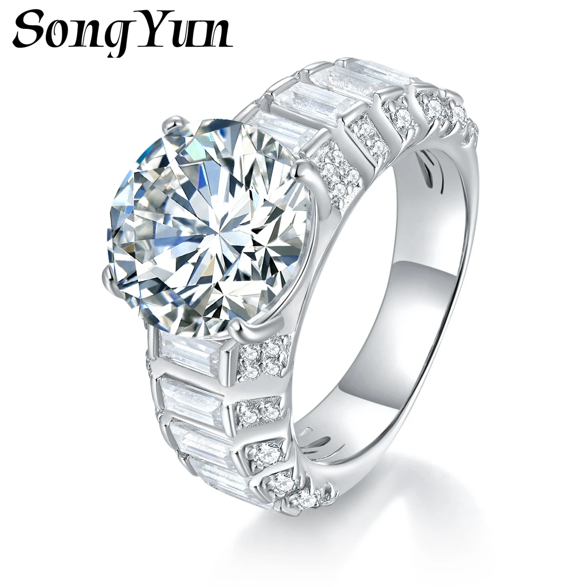 SONGYUN Moissanite Diamond Jewelry Women's 5 Carat Round Moissanite Ring with Baguette Side Stones Luxury Large Carat Jewelry