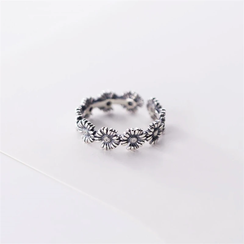 Sole Memory Retro Flowers Sunflower Cool 925 Sterling Silver Female Resizable Opening Ring For Women Party Birthday Gift RI575