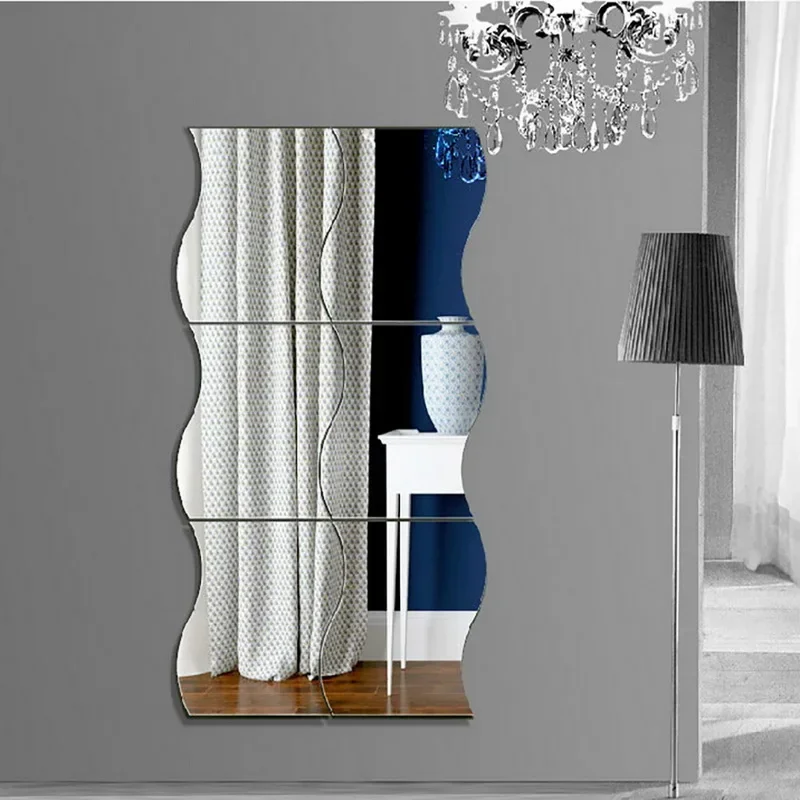 

6 Pieces of Wave Combination Mirror Three-dimensional Wall Sticker 3D Mirror Mural Modern Living Room Bedroom Decoration
