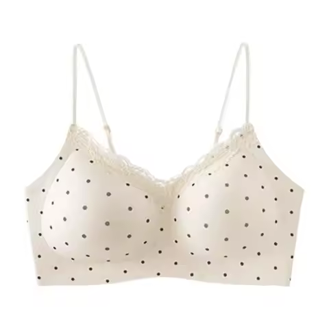 Traceless Deep V Bra Korean Lace Wireless Bra Polka Dot Grid Pattern Shockproof Brassiere for Women Cartoon Rabbit Bear Lingerie