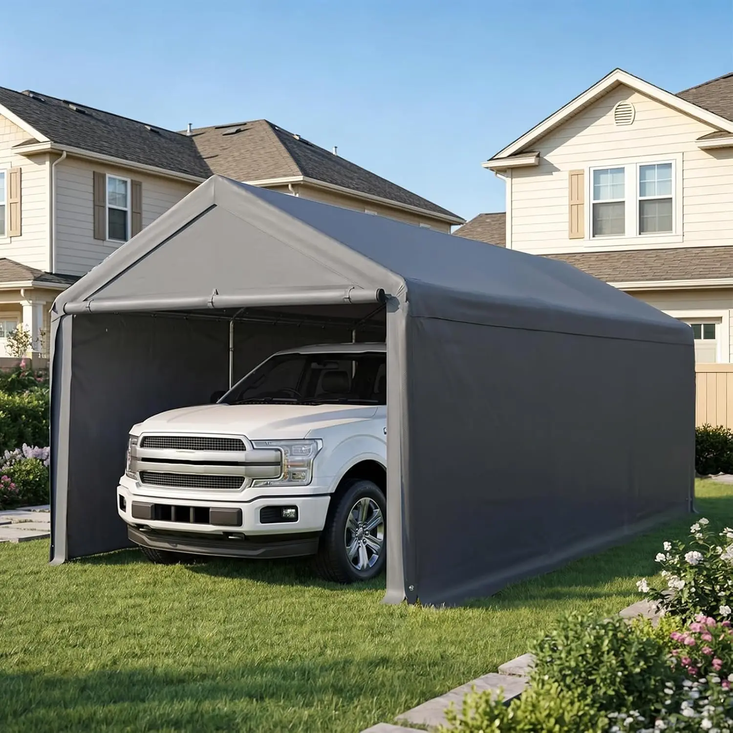 10x20 FT Heavy Duty Steel Carport Portable Garage with Removable Sidewalls & Door, Gray, Customized