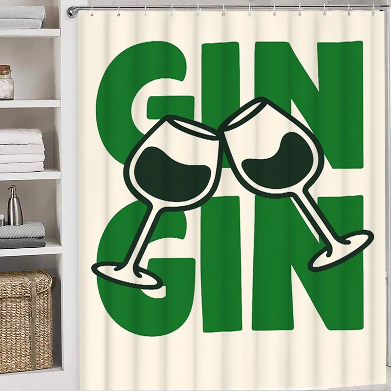 ジンシャワーカーテン-–-乾杯用ワイングラスと大胆な緑色の「gin」文字--2dフラットプリント、防水、12個のフック、洗濯機で洗えます