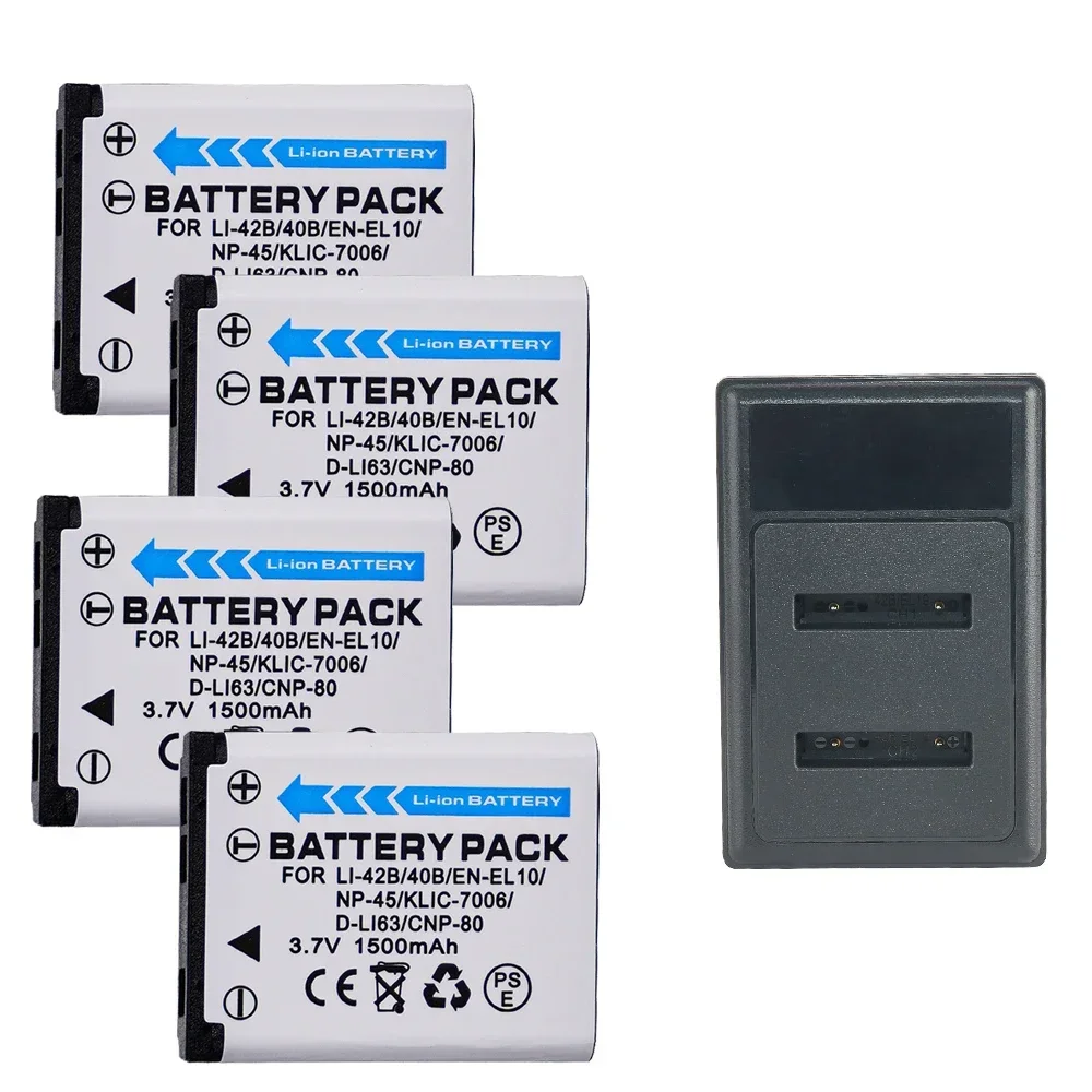 

1500mAh 3.7V Li-40B Li-42B EN-EL10 Battery + LED Dual Slot Charger for Olympus Li 42B 40B, Nikon EN EL10, KLIC-7006 Fujifilm NP