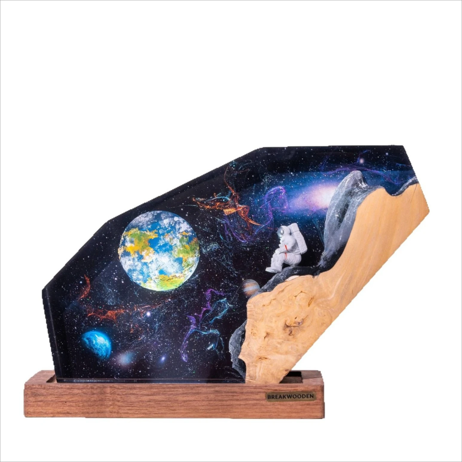 KK 2026 Galaxy Epoxy Resin Atmosphere Light Astronaut Spacecraft 3D Outer Space Scene Creative Wood Craft Tabletop Decoration