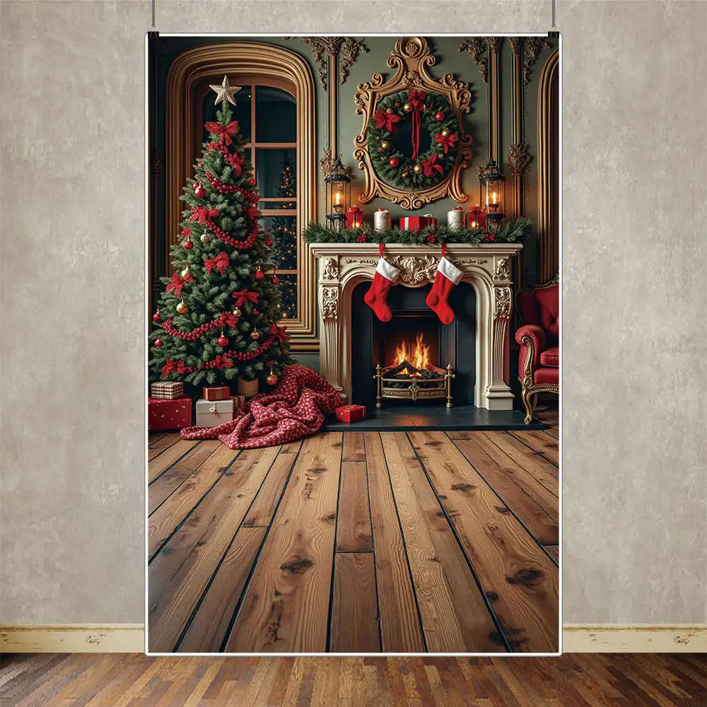 MOON.QG Christmas Photo Background Xmas Tree Fireplace Photography Backdrop 2024 News Photocall Photographic Studio Accessories