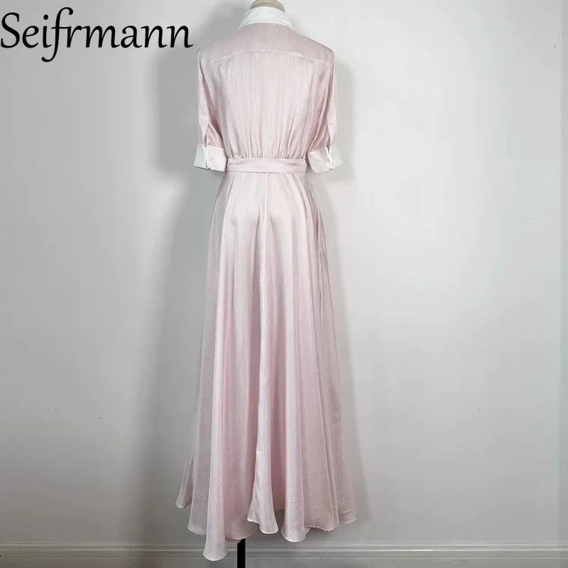 Seifrmann summer women's new style Contrast striped silk dress lapel short-sleeved lace-up waist long dress