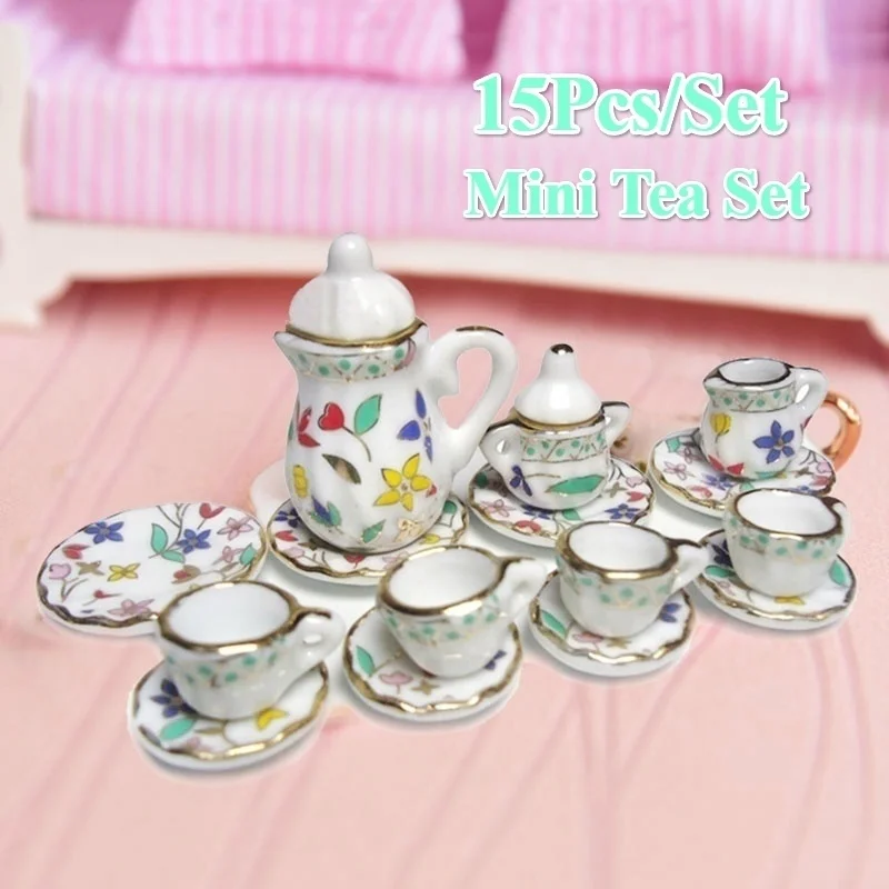 15 Piece Miniature Dollhouse Dinnerware Porcelain Tea Set   Plate Colorful Floral Print Miniature Ceramic Tea Set Teacup