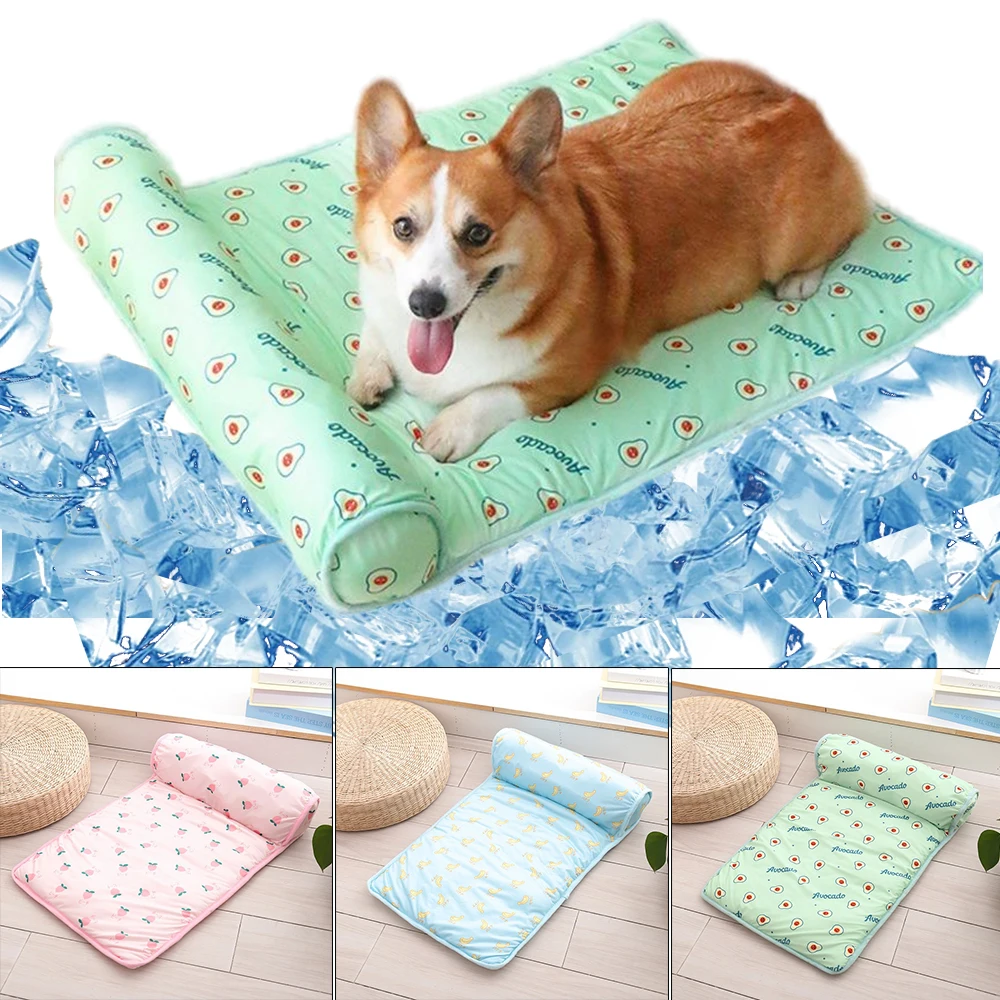 

Cooling Mat for Dogs Summer Ice Silk Cool Fabric Cold Bed with Pillow for Small Medium Pet Foldable Non Sticky Fur Puppy Cushion