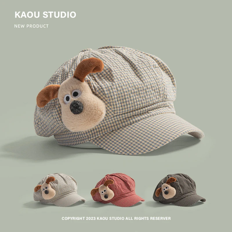 

Korean Version Cute Plush Puppy Plaid Beret Women's Spring and Autumn Literary Sweet Versatile Curved Brim Octagonal Newsboy Cap