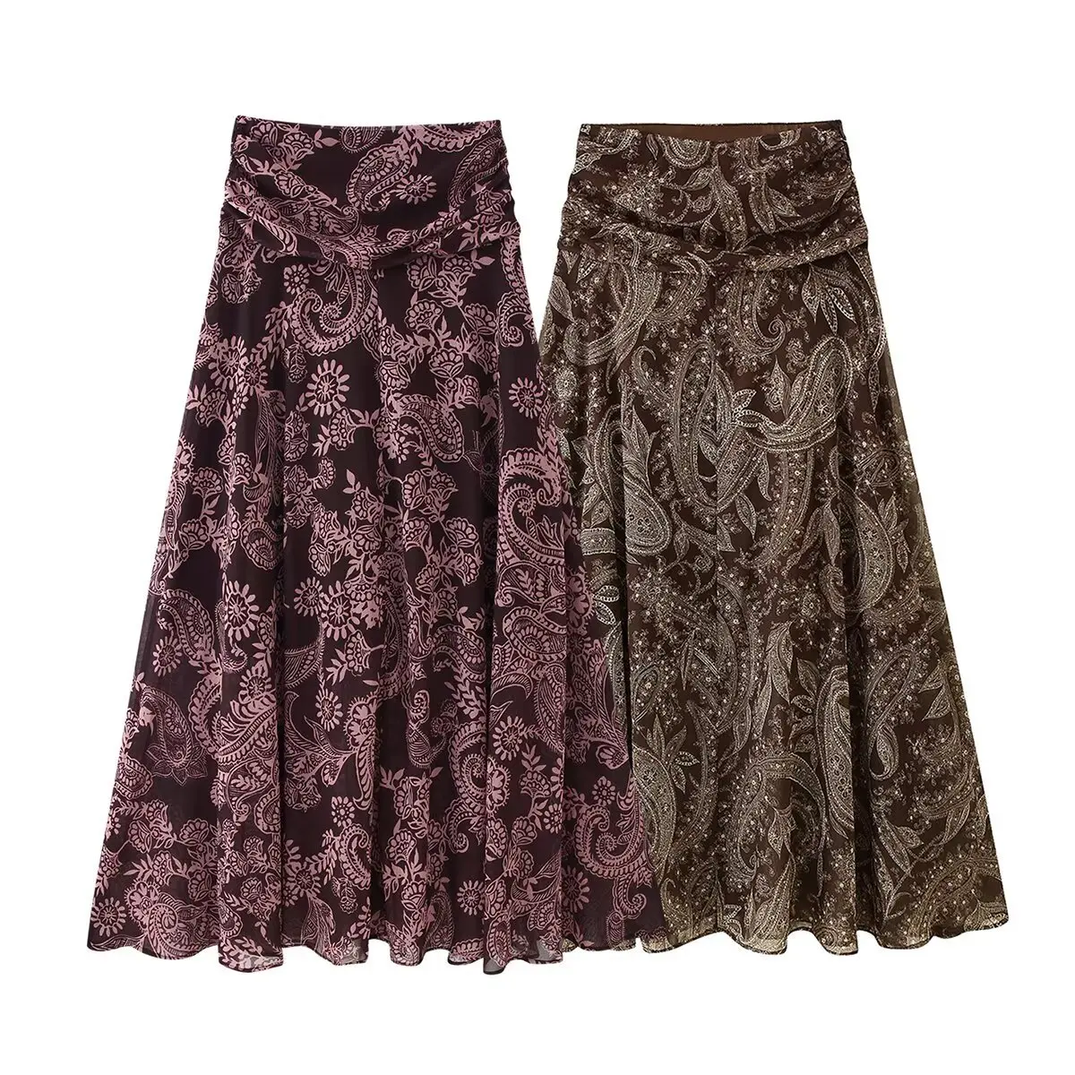 

European and American style 2025 autumn and winter new high-waisted versatile chiffon printed long skirt with large hem