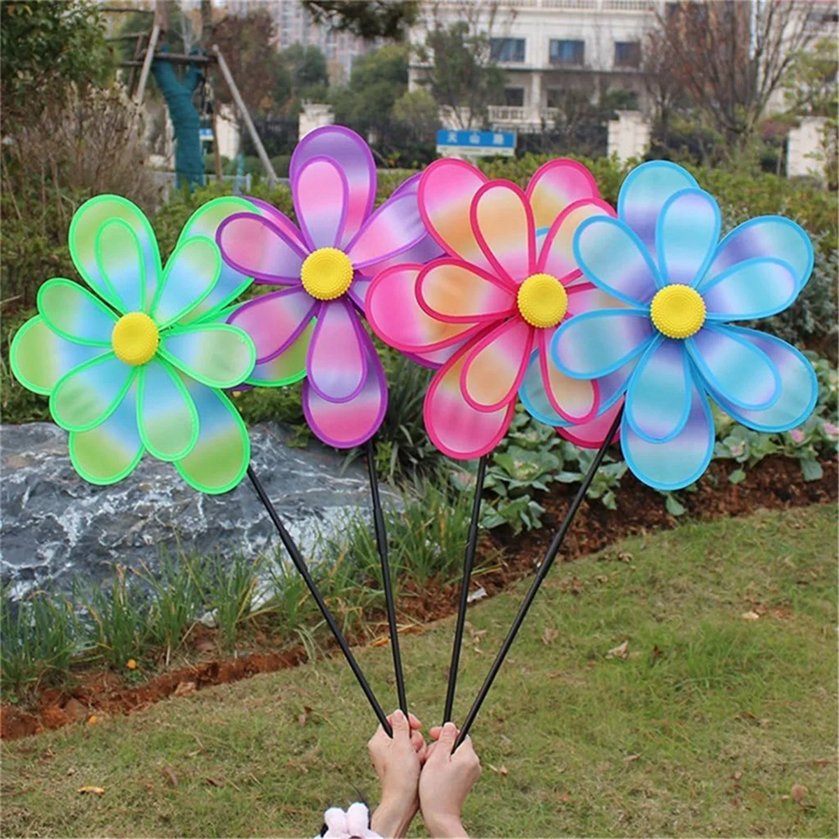 RGBCX-HOME-Pinwheels Eye Catching Colorido Moinho de Vento de Dupla Camada Pinwheels D