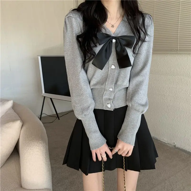 

Deeptown Korean Style Gray Knitted Cardigans Youthful Woman Vintage Cute Sweaters Harajuku Cozy V Neck Outerwears Bows Autumn