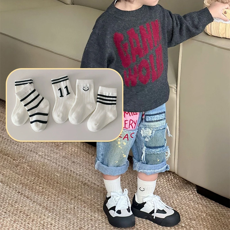 

Детские носки в белую полоску, весенне-осенние мягкие хлопковые носки средней длины для мальчиков и девочек, простые корейские детские спортивные носки