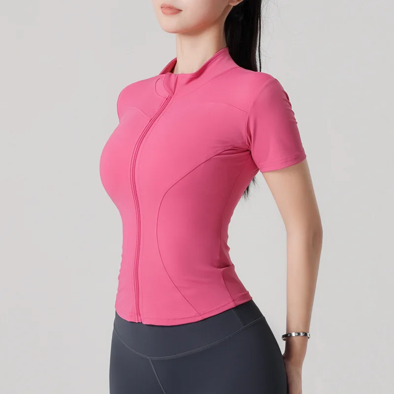 Summer Sport Jackets Women Zipper Slim Yoga Coats Elastic Short Sleeves Running Jacket Quick Dry Gym Fitness Tops Clothes Female