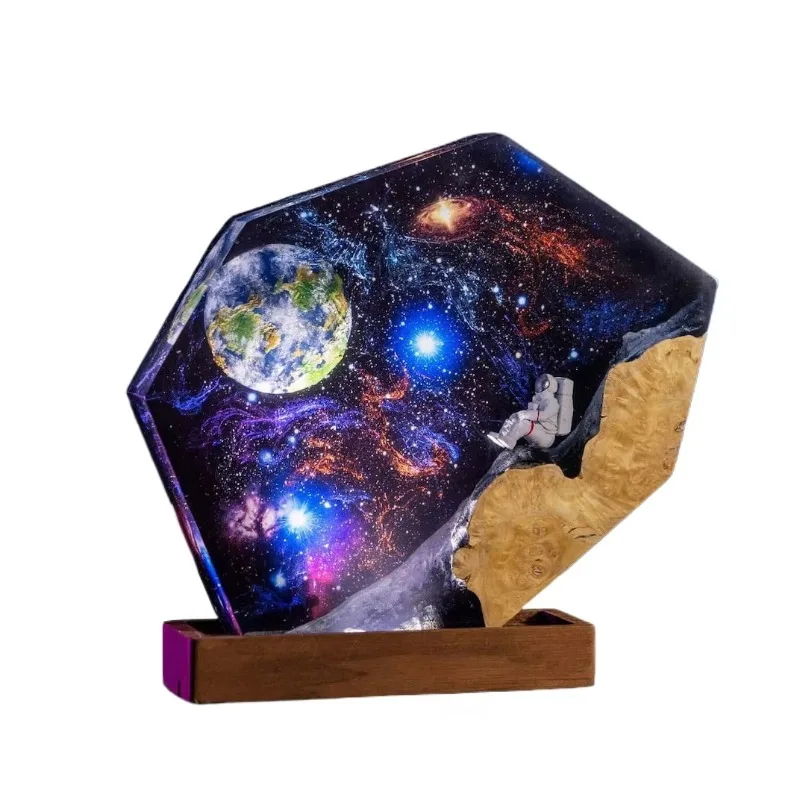 Galaxy resin night light with astronaut wood art lamp, space epoxy lamp, unique handmade resin