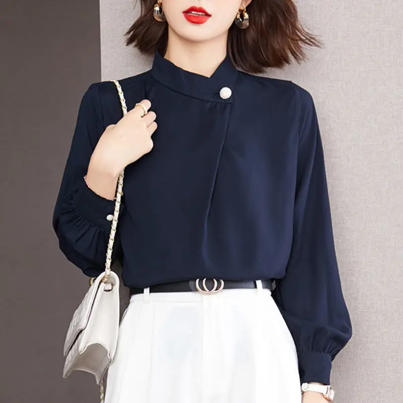 New Spring and Autumn Women's Solid Color Stand Collar Long Sleeve Loose Korean Shirt Button Folds Classic Fashion Casual Tops