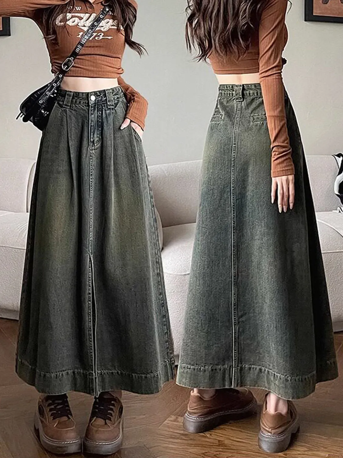 New Front Button Denim Long Skirts Womens Spring Vintage Pocket Long Jeans Skirt Front Split High Waist Women Long Caual Skirt