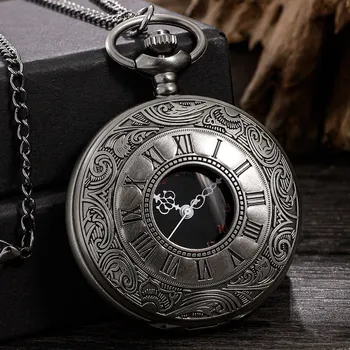 Relógio de bolso de quartzo com algarismos romanos para homens e mulheres, estojo oco, steampunk, colar pingente vintage, melhores presentes