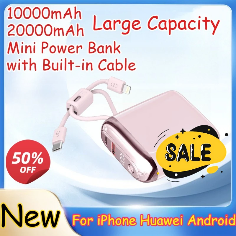 

20000mAh Mini Power Bank 66W for IPhone 16 Huawei Android Samsung Xiaomi Super Fast Charging Built-in Cable Compact and Portable