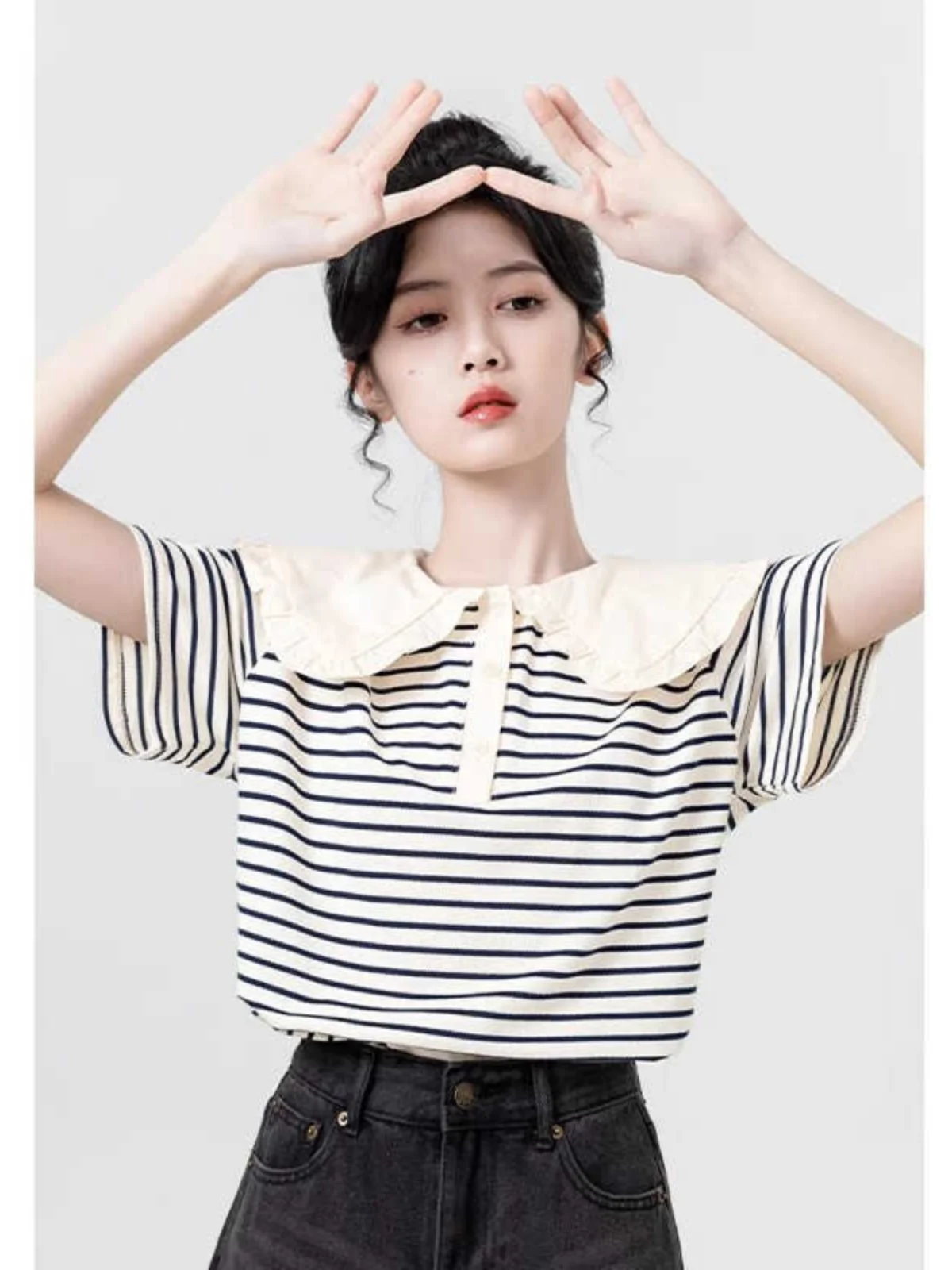 Summer New Striped Doll Collar Short Sleeve T-Shirt Women Loose Fit  Shirt Korean Style Commute Fashion Casual Top
