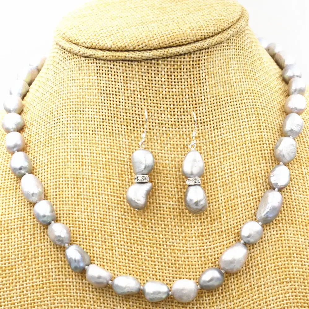 New 8-9MM SILVER GRAY REAL BAROQUE CULTURED PEARL NECKLACE + Earrings 18KGP