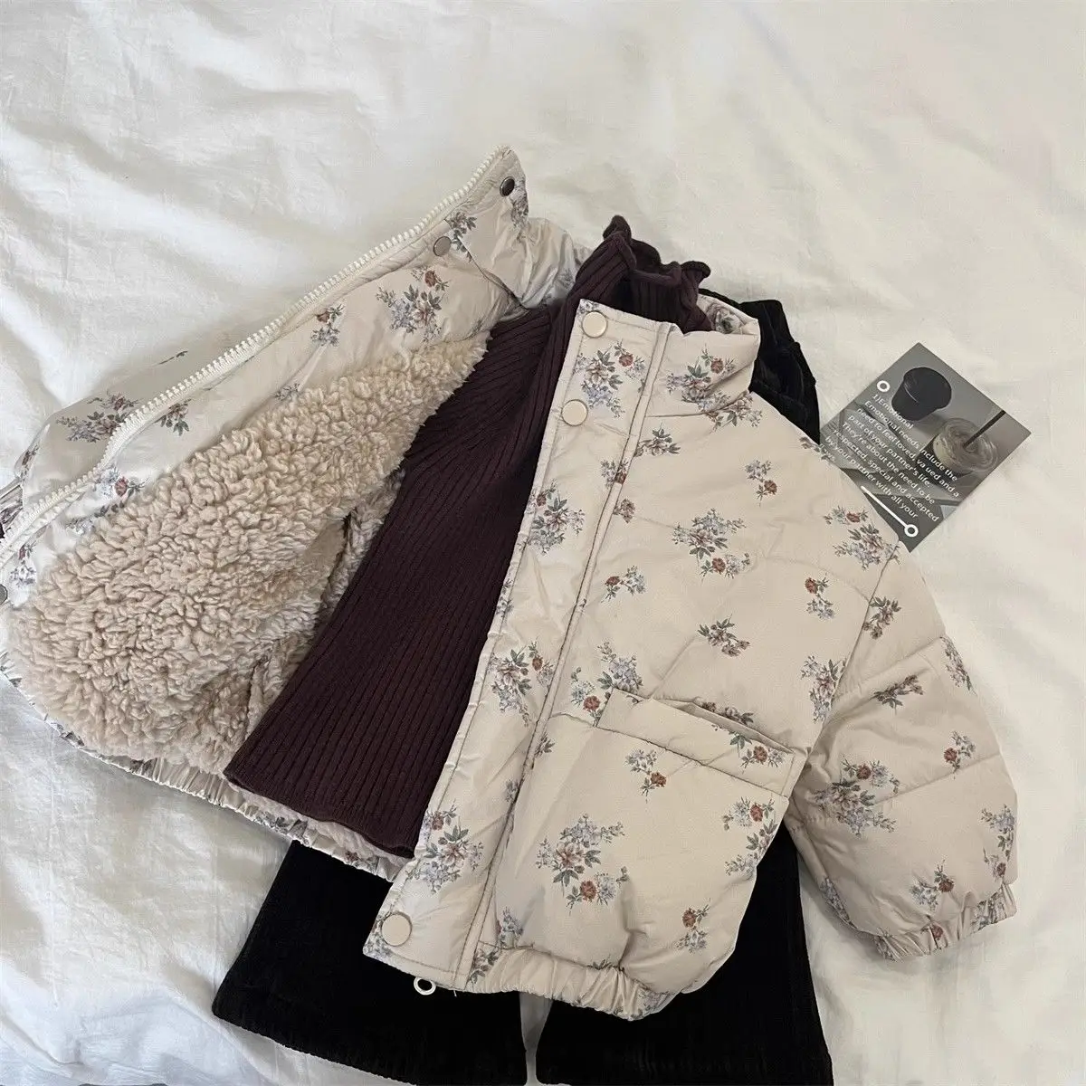 Children's Cotton Clothing Winter Korean Version New Style with Added Velvet Floral Coat Warm Clip Cotton and Velvet Jacket