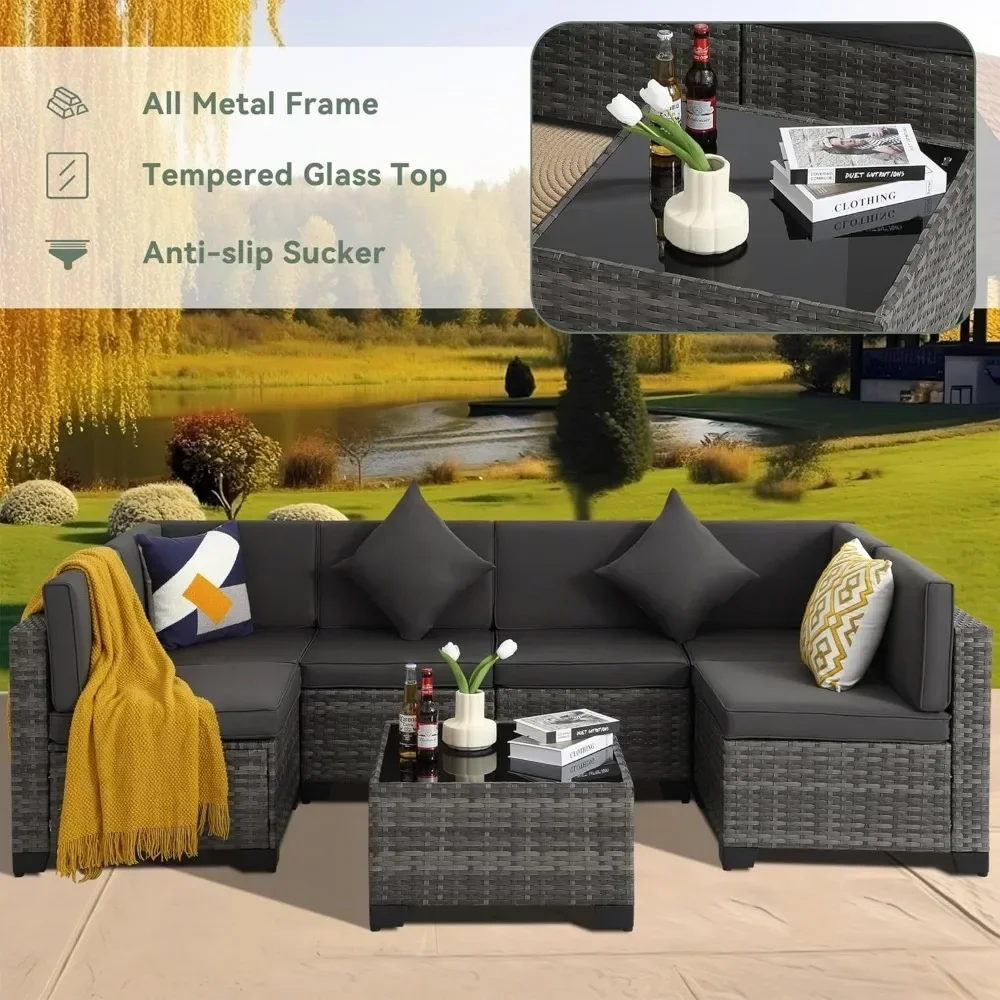 

7 Piece Outdoor Patio, Outdoor Sectional Furniture, Rattan Chairs Glass Table Wicker Conversation Seating Sectional Sofa