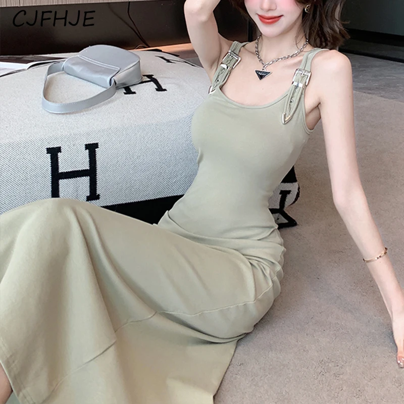 

CJFHJE New American Style Work Clothes Buckle Women's Suspender Dress Summer Korean Casual Waistband Split Vest Long Dresses