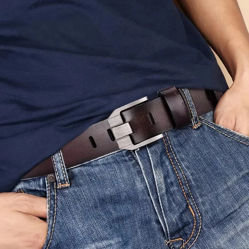 Men's leather belt, black buckle, new style, fashionable, trendy, light luxury, casual, versatile, suitable for jeans, pin buckl