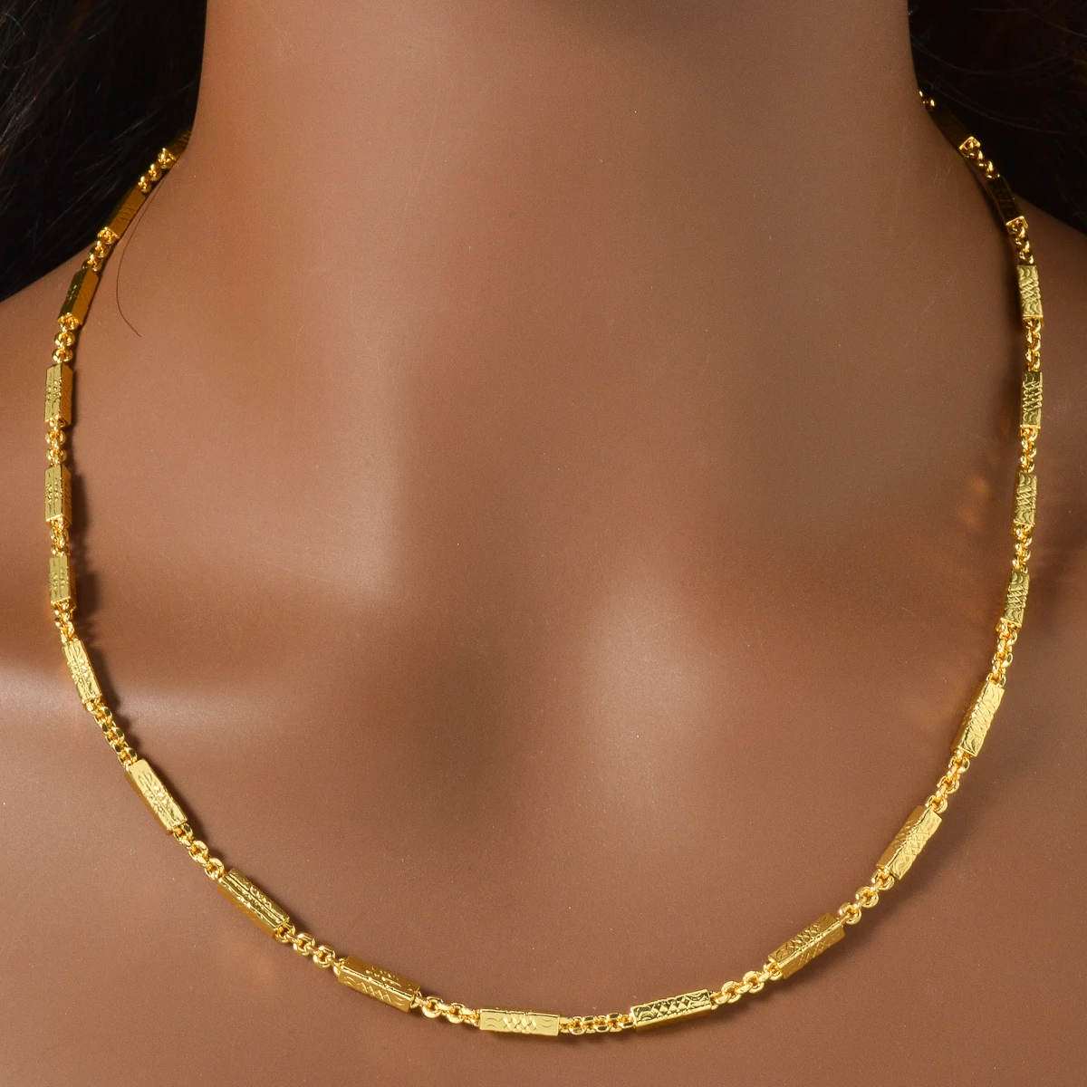 Vintage Ethnic Bar Link Necklace 18K Gold Plated Engraved Nickel Free Thin Textured Chain African Unisex Statement Punk Jewelry