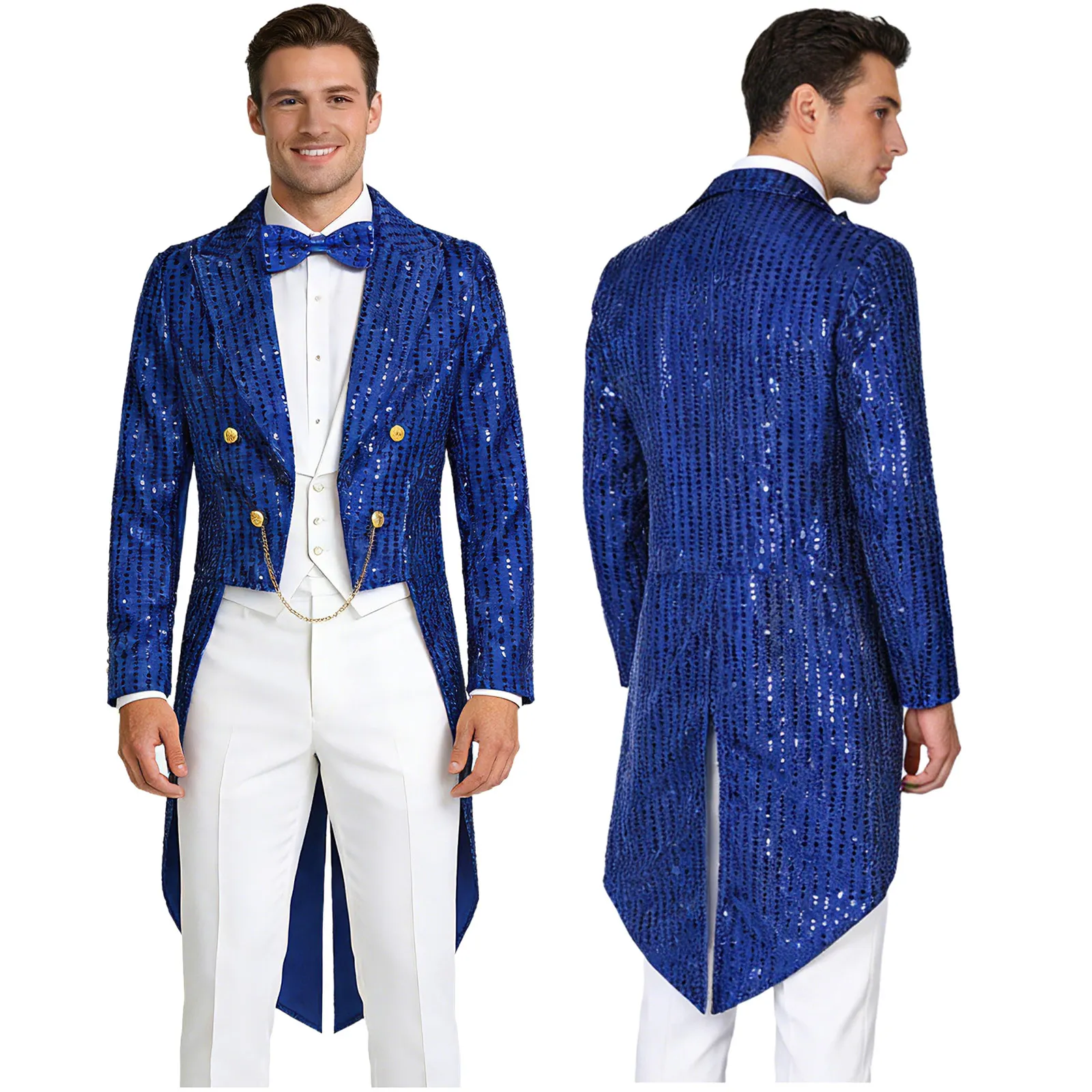 

Men Fashion Banquets Medieval Stylish Jackets Coats with Bowtie Long Sleeve Sequins Tailcoat Jacket Outerwear for Party Proms