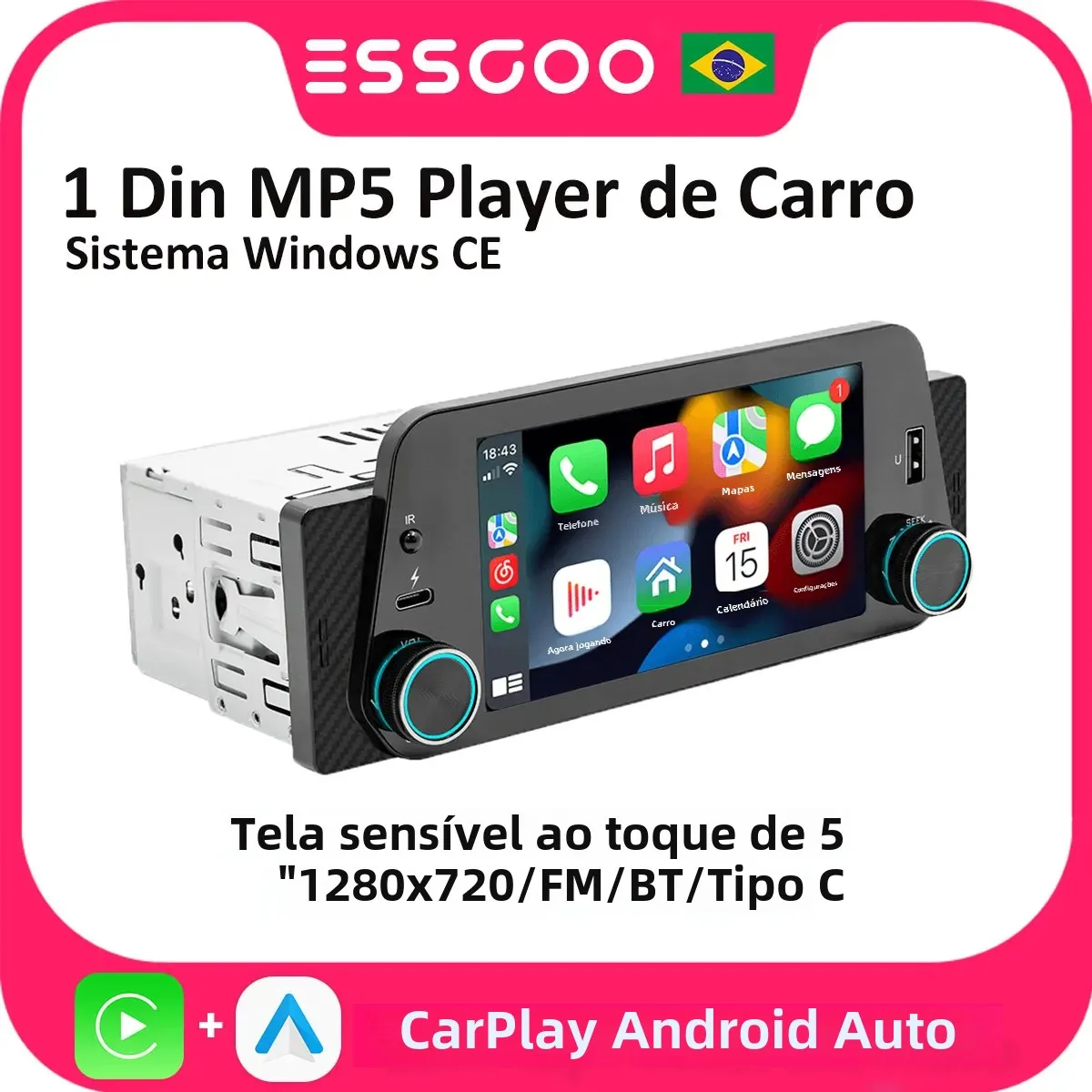Essgoo sem fio carplay rádio do carro 5 Polegada 1din mp5 player autoradio estéreo tela de toque 1280x720 universal multimídia player