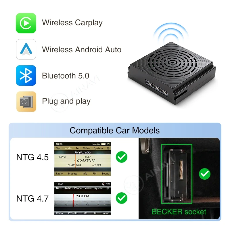 AINAVI NTG4.5 Carplay-Adapter für Mercedes Benz A B C E CLA GLA GLK ML NTG 4.5, kabelloses CarPlay, Android Auto, AirPlay, 2013-2015, NTG 4.7 Navigation, Plug-and-Play, passend für BENZ