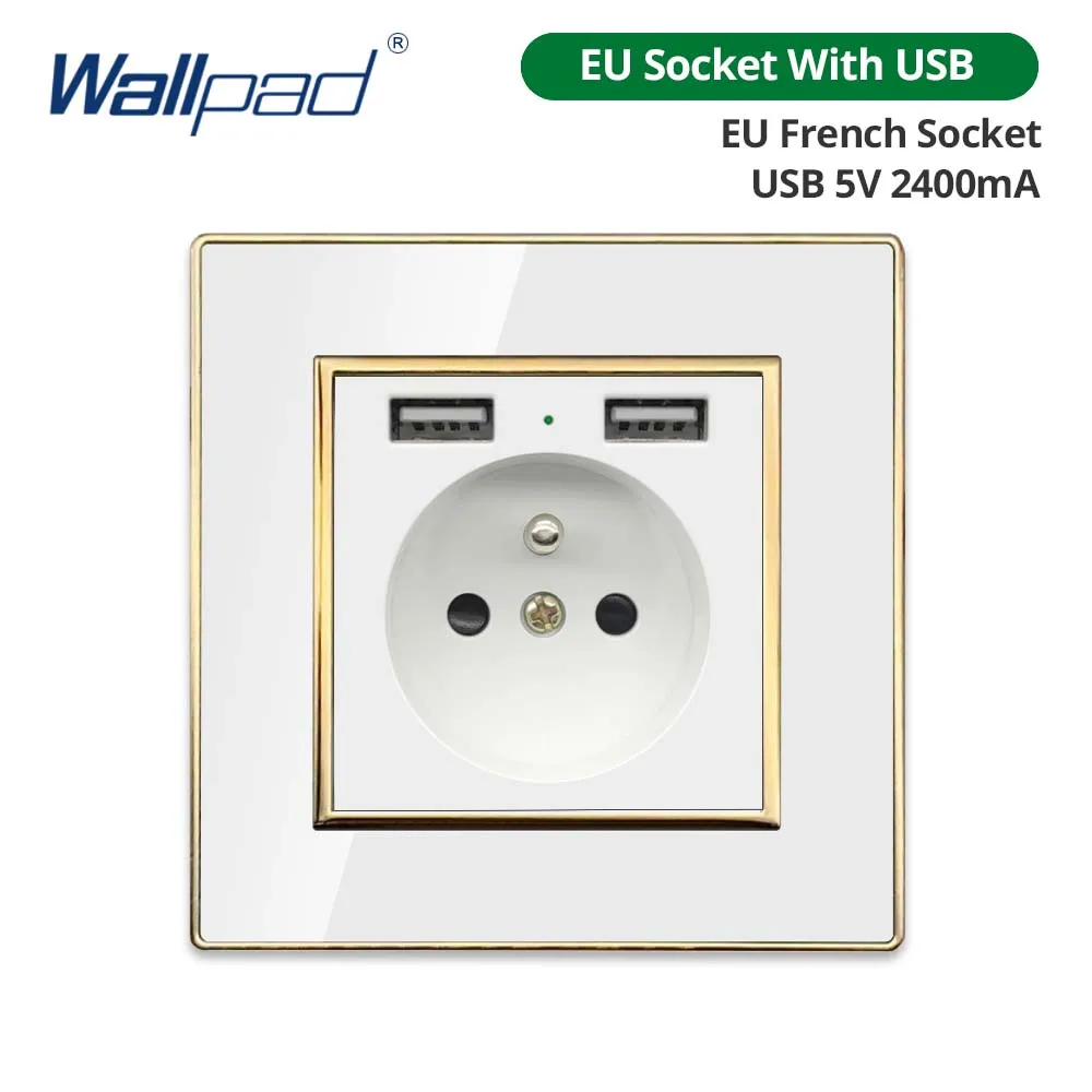 Wallpad Weißes Acryl-Panel mit goldenem Rand, 2-Wege-Wandlichtschalter mit LED-Anzeige, EU-Steckdose mit USB