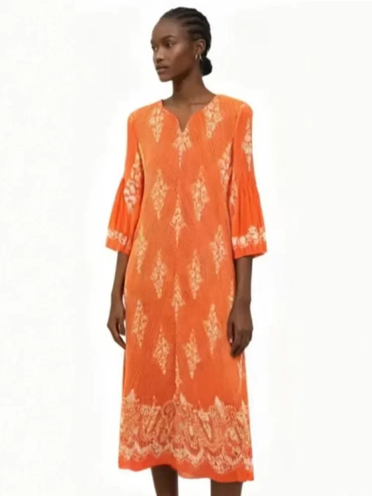 

Miyake Fashion Retro Contrasting Colors Holiday Style Irregular Loose Print Dress Loose New African Women's Clothing