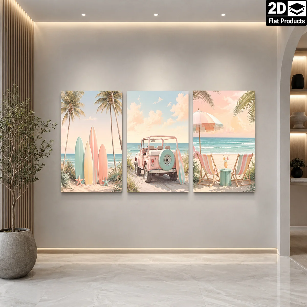 Frameless canvas 2D Flat 3pc  Wall Art – Three panels show beach scenes with surfboards a pink jeep and deck chairs under an