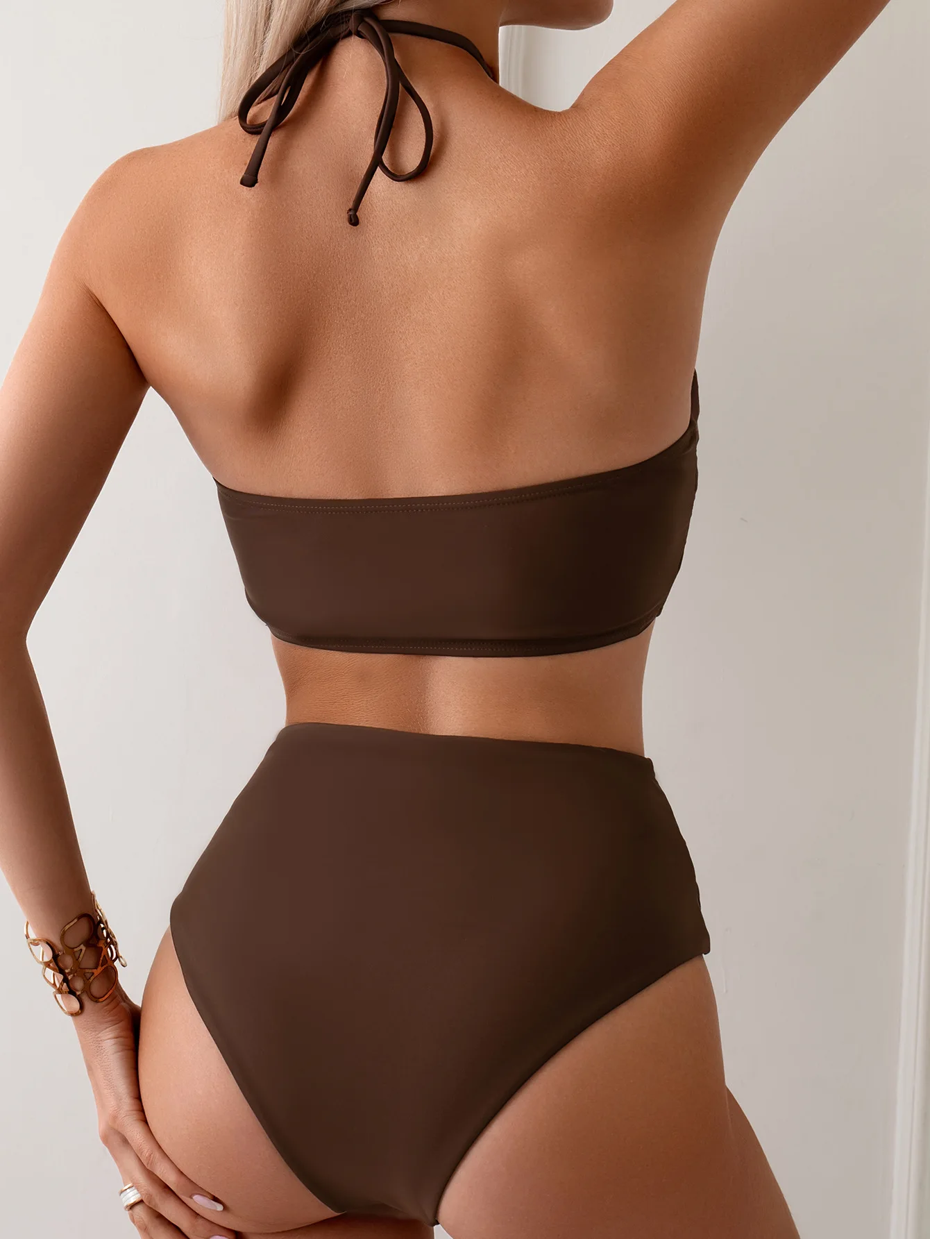 New Women's 2-piece Tube Top Pleated Neck Strap High Waist Sexy Swimsuit Bikini  Swimwear Women مايوهات سباحة من قطعة واحدة