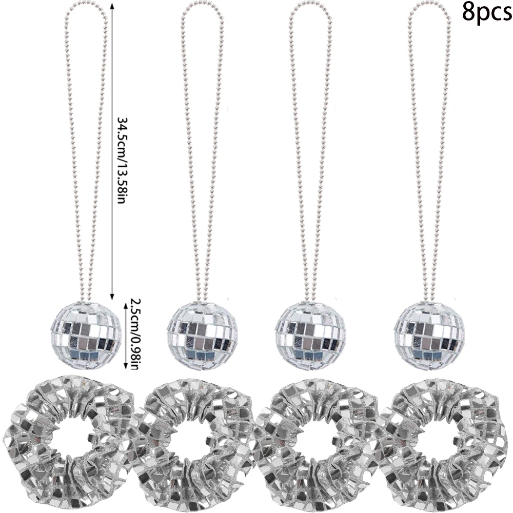 4/8pcs Mirror Silver Disco Ball Necklaces Sequin Hair Scrunchies Accessories 70s Disco Dance Birthday Bachelorette Party Prop view 6