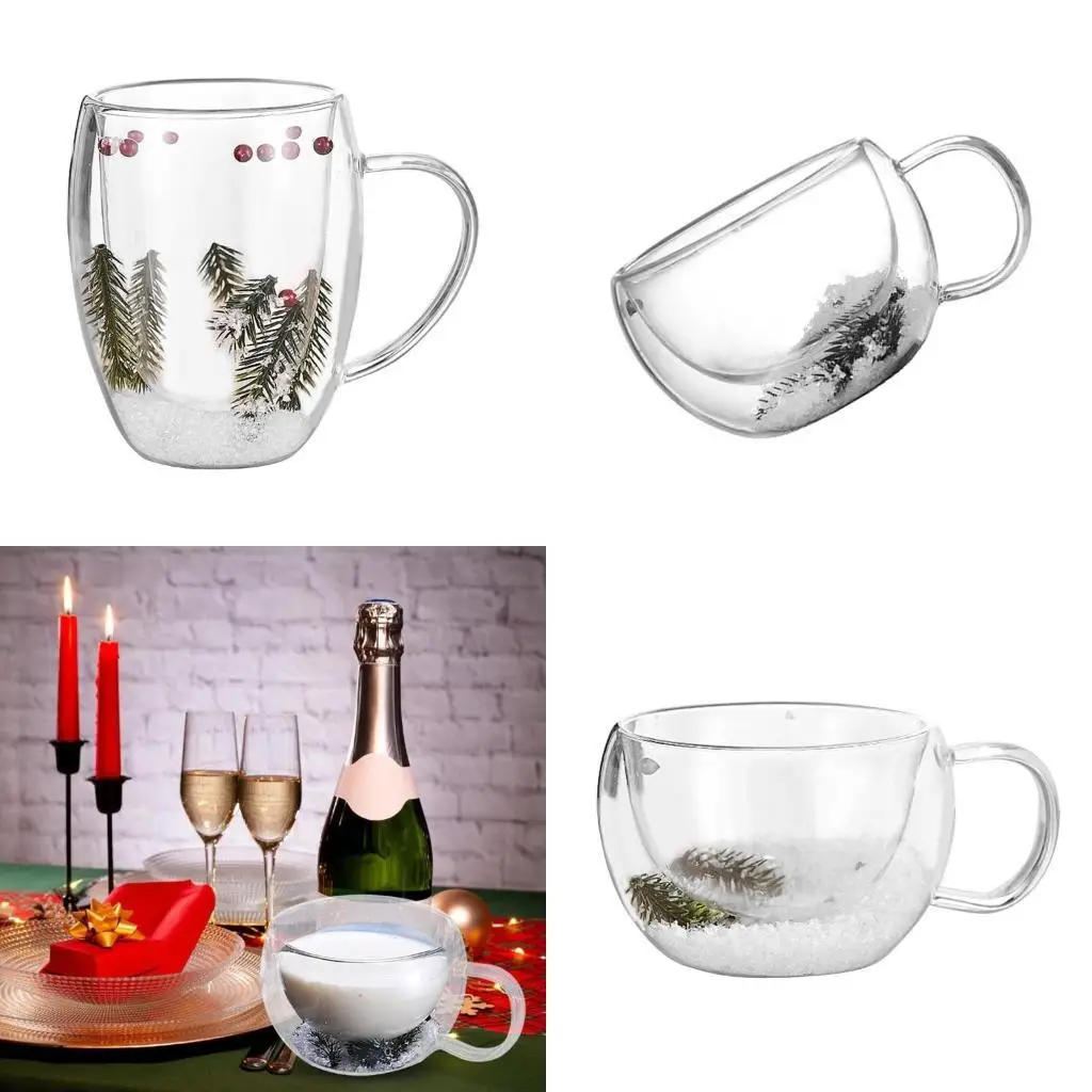 

E8BD Artistic Dried Flower Embellished Glass Mug Double Wall Drinking Cup with Handle Beverages Drinkware for Women and Her