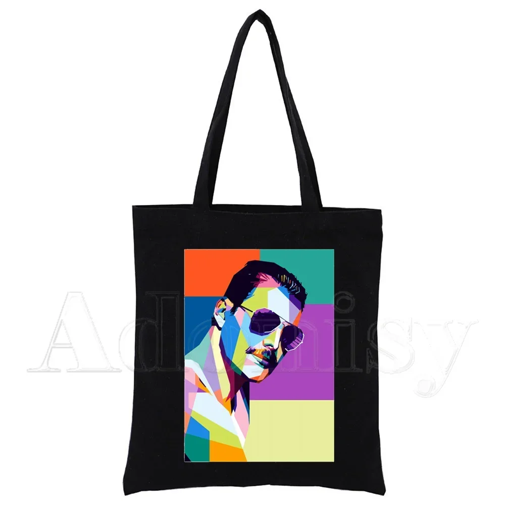 Queen Freddie Mercury Shopping Bag Print Original Design White Unisex Fashion Travel Canvas Bags Black