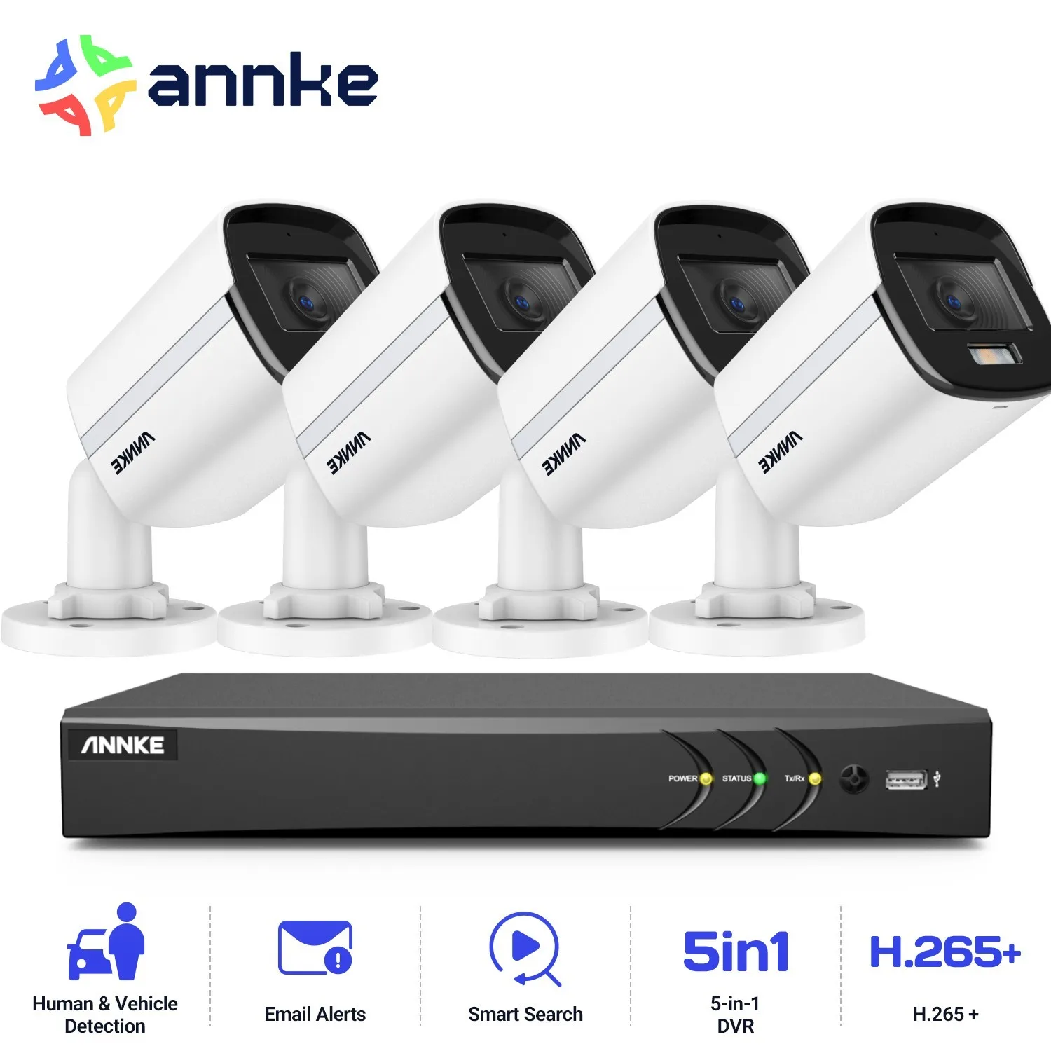 ANNKE 8CH 5MP Video Surveillance System 5IN1 DVR With 4X 5MP Detection Waterproof Security Cameras CCTV Kit Color Night Vision