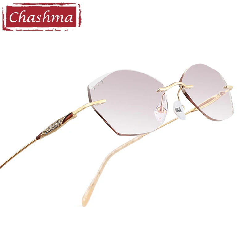 

Women Eyeglasses Titanium Transparent Lens Diamond Trimmed Rimless Spectacle Frames Stones Customize Colored Tint Glass