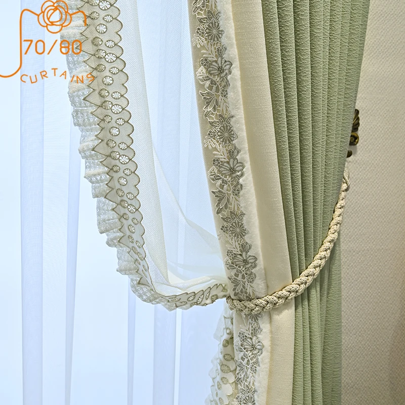 

Luxury Matcha Green Lace Stitching Thickened Blackout Curtains for Living Room Bedroom Balcony Window French Window Customized