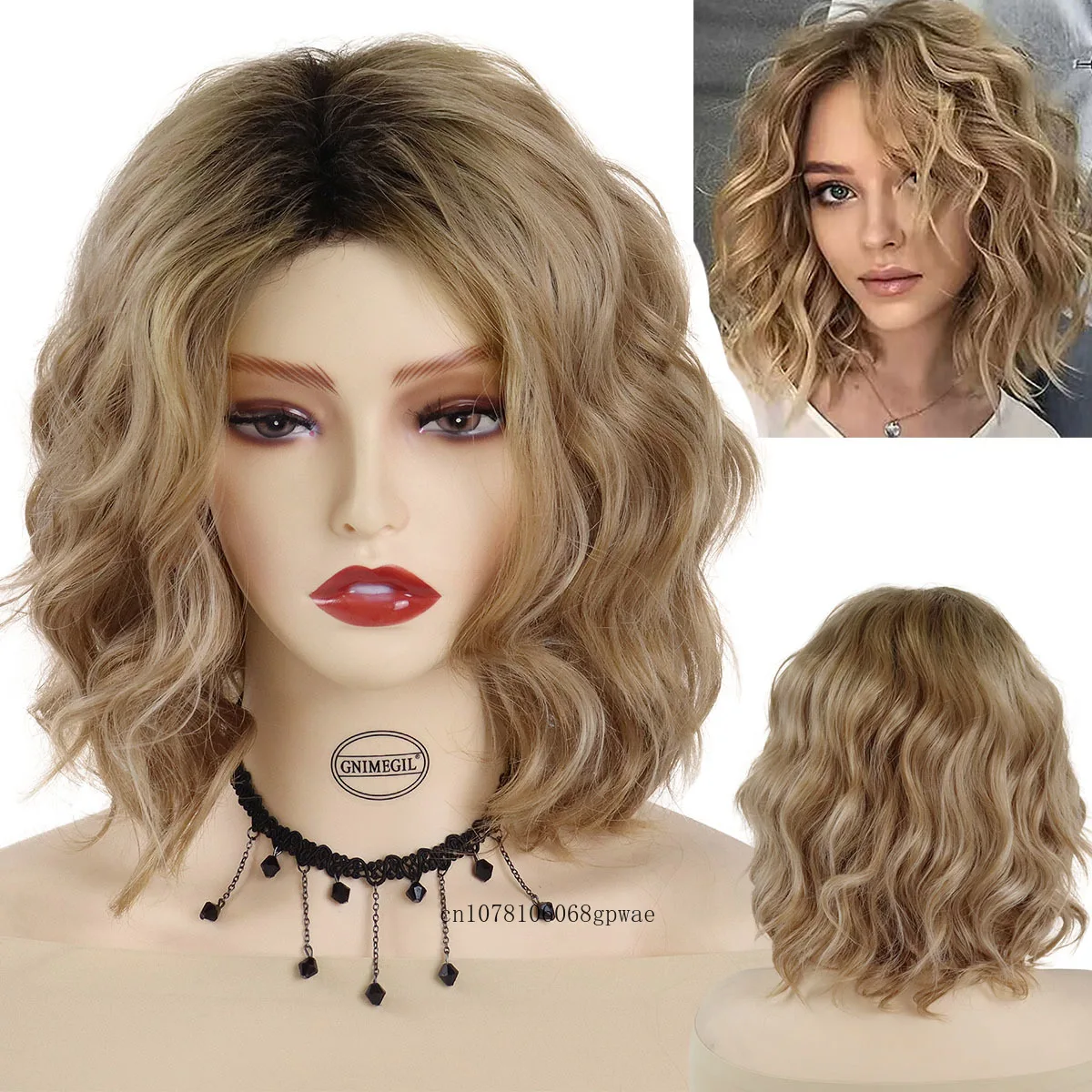 

Synthetic Short Bob Wig for Women Blonde Wig with Bangs Loose Wave Hairstyle Cosplay Lolita Halloween Use Natural Soft Fake Hair