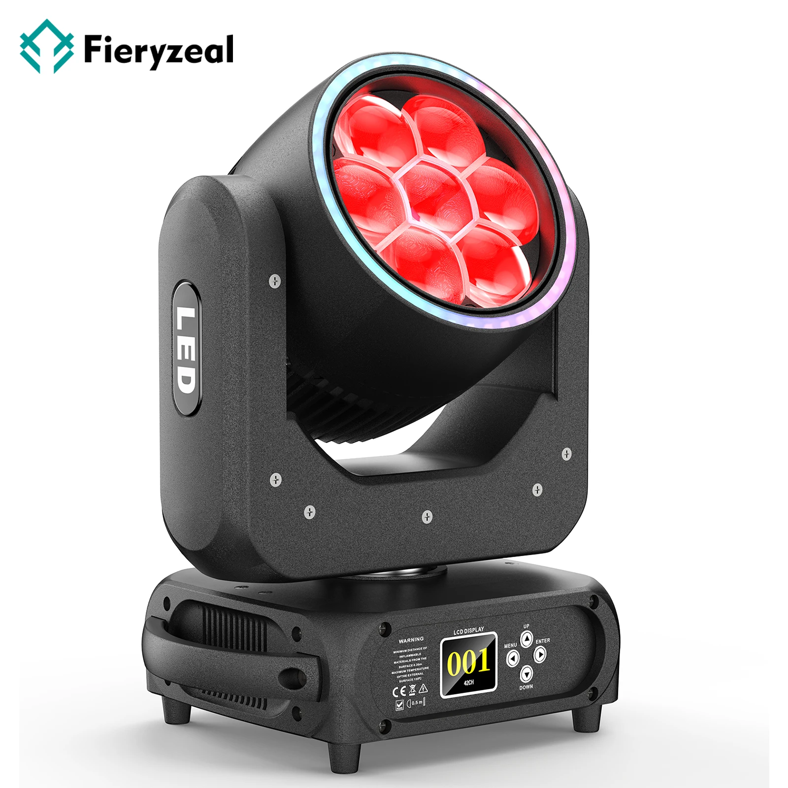 

Fieryzeal 7x40W Zoom Moving Head Light with RGB Halo Ring 4IN1 RGBW Bee Eye LED Spotlight DMX Beam Stage Light for DJ Disco Bar