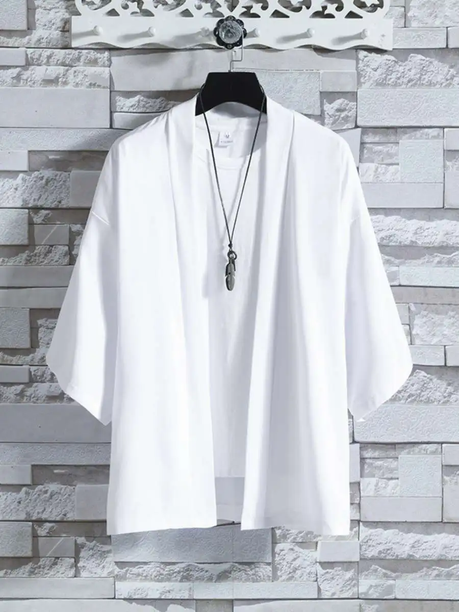 

Летний тонкий кардиган из ледяного шелка для мужчин: повседневная верхняя одежда с защитой от солнца, модный открытый кардиган, молодежная этническая одежда