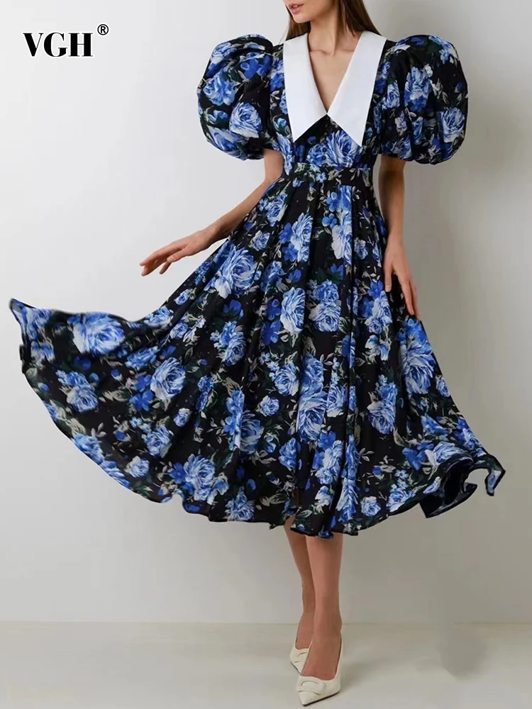 

VGH Casaul Floral Printing Dresses For Women Lapel Puff Sleeve Spliced Belt High Waist A Line Pleated Dress Female Fashion New