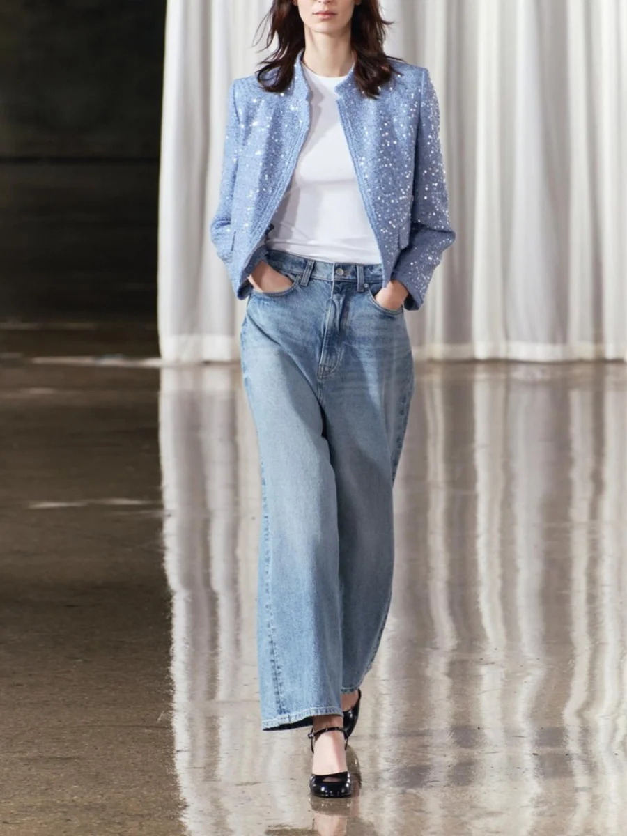 Primavera Nuovo Arrivo da Donna Or Pearl Decorato Jaet Versatile Ele Pendolarismo Sle Lungo Sve Taglio Dritto Capispalla