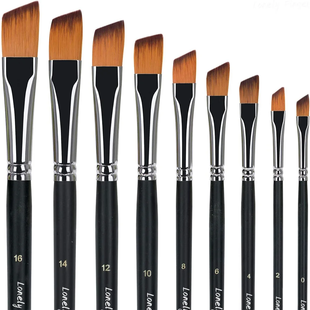 Angular Paint Brushes Set, 9Pcs Angled Paintbrushes Long Handle for Acrylic Oil Watercolor Gouache Painting, Nylon Hair Angle