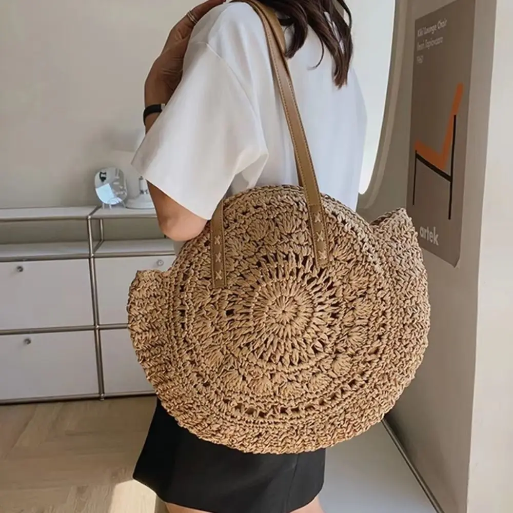 

Fashion Round Straw Weave Bag Handmade Boho Straw Tote Bag Large Capacity Hollow Woven Shoulder Bag Vacation